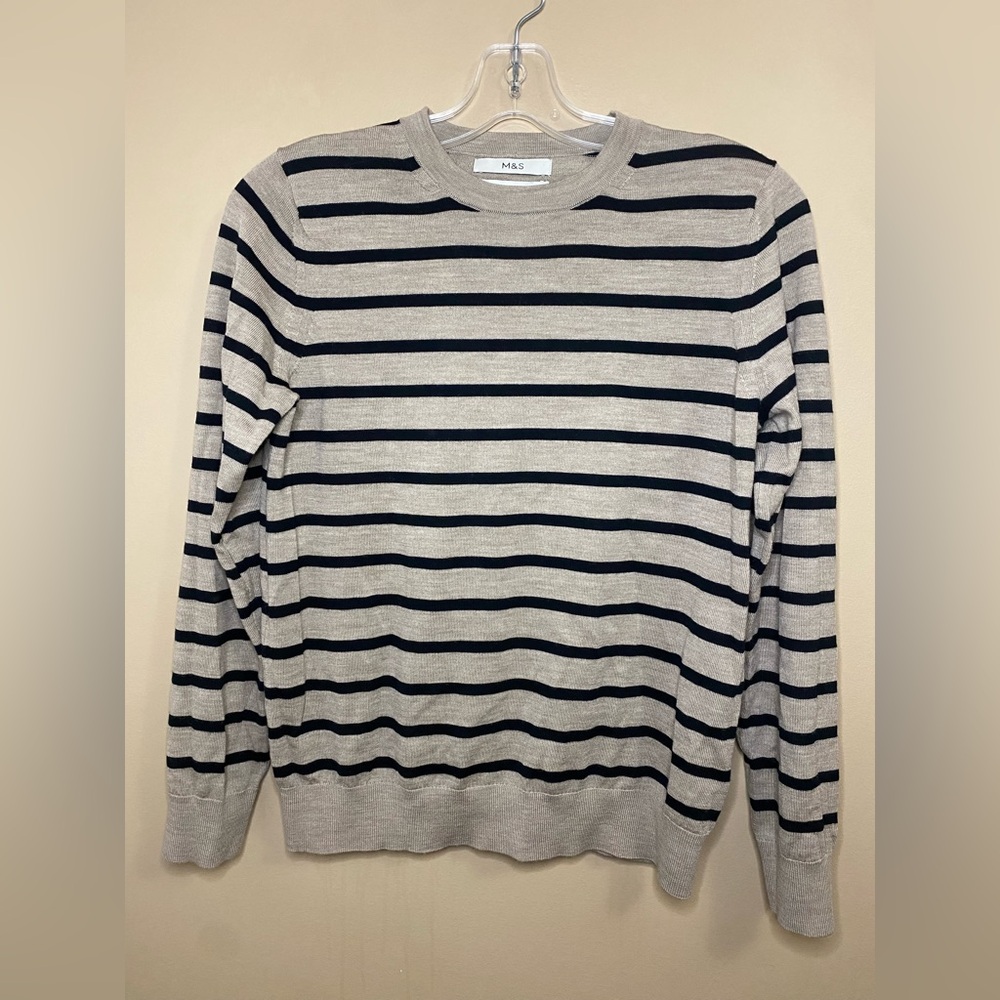 M&S Merino Wool Long Sleeve Top Striped Light Knit Sweater